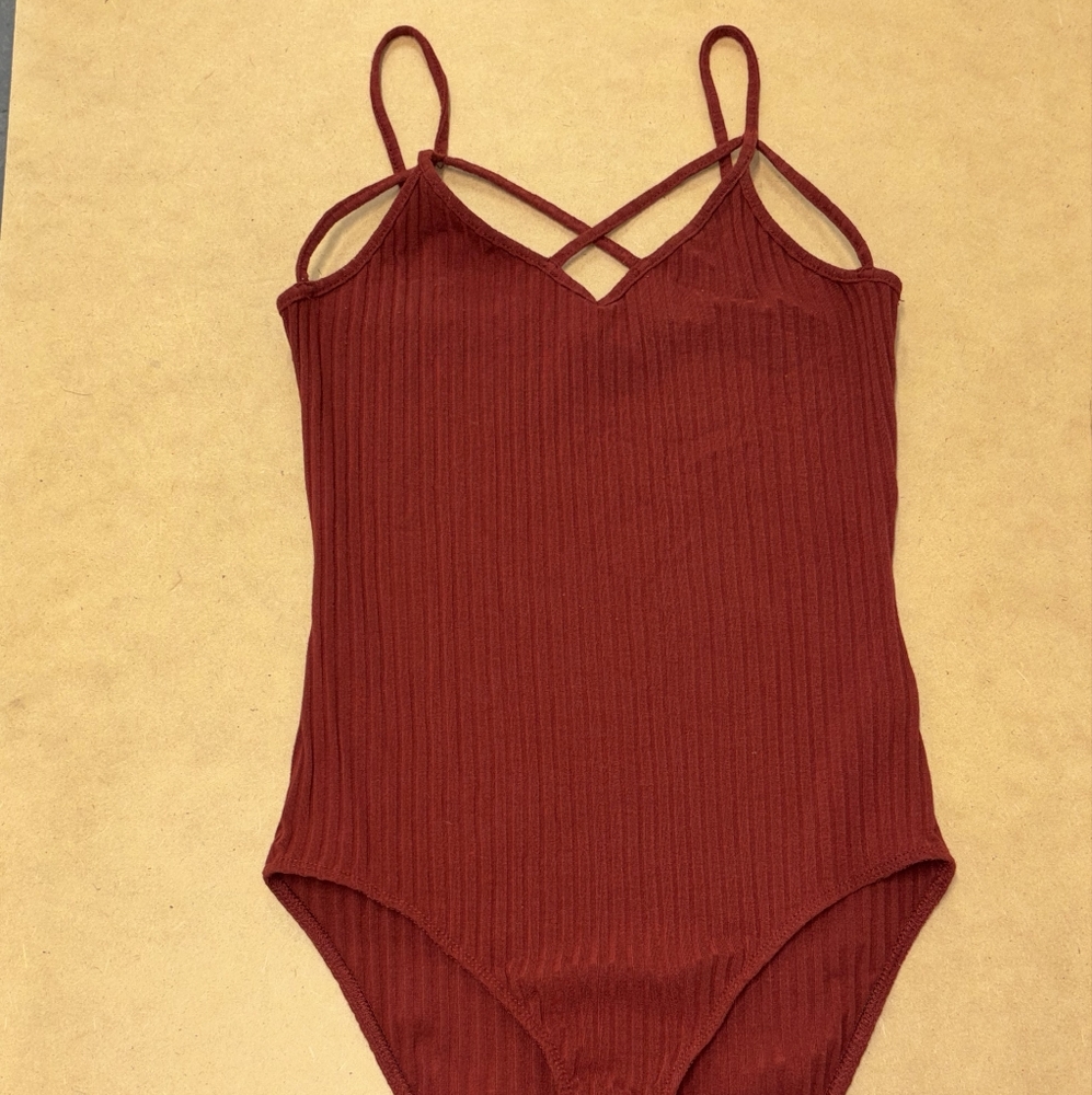 Women's Ribbed Red Burgundy Crisscross One Piece Bodysuit